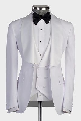 Classic Three Pieces Satin Shawl Lapel White Wedding Suit with Waistcoat_1