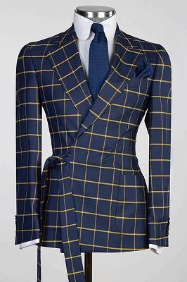 Otto Navy Peaked Lapel Plaid Prom Suits