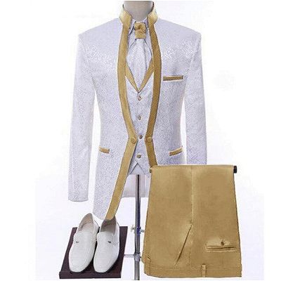 Ogden Glamorous Khaki Shawl Lapel Jacquard Three Pieces Wedding Suits_2