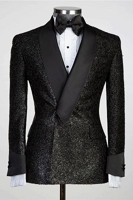 Shawl Lapel Sparkling Black Men's Suit with Ribbon Belt_2