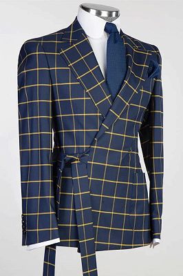 Otto Navy Peaked Lapel Plaid Prom Suits_2