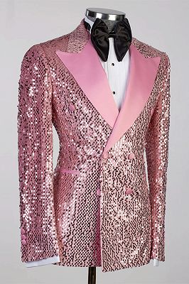 Candy Pink Sequins Prom Suit with Satin Peaked Lapel