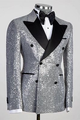 Shiny Silver Sequins Black Peaked Lapel Double Breated Men's Suit_2