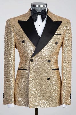 Sparkling Gold Sequins Black Peaked Lapel Men's Prom Suit Online_1