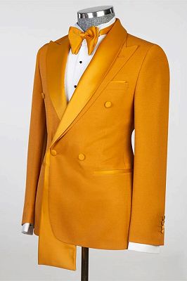 Stylish Orange Peaked Lapel with Two-layer Satin Double Breasted Men's Suit_3