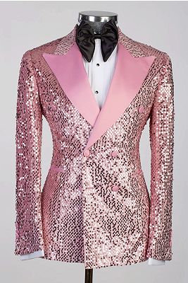 Candy Pink Sequins Prom Suit with Satin Peaked Lapel