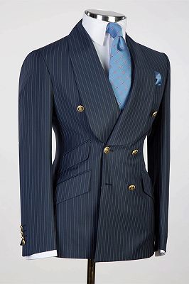 Page Navy Shawl Lapel Double Breasted Striped Business Suits_2