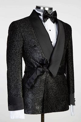 Shawl Lapel Sparkling Black Men's Suit with Ribbon Belt_3