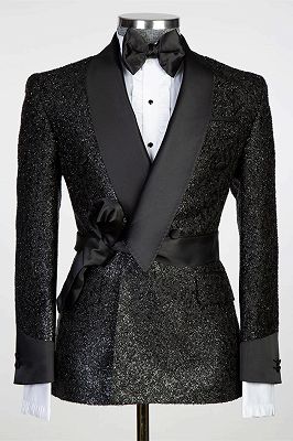 Shawl Lapel Sparkling Black Men's Suit with Ribbon Belt