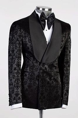 Double Breasted Black Floral Jacquard Shawl Lapel Men's Suit_2