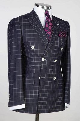 Oswald Black Peaked Lapel Double Breasted Plaid Business Suits_2