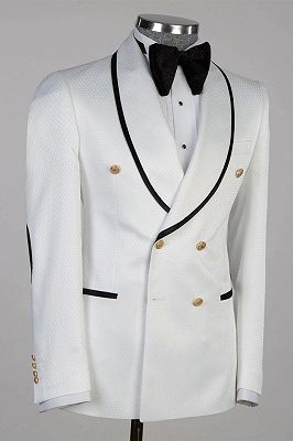 Double Breasted Golden Buttons White Wedding Suit with Black Edge_2