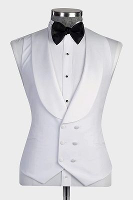 Classic Three Pieces Satin Shawl Lapel White Wedding Suit with Waistcoat_3