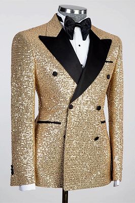 Sparkling Gold Sequins Black Peaked Lapel Men's Prom Suit Online