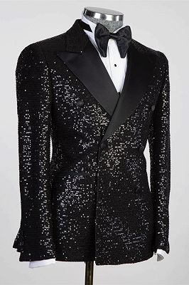 Oscar Black Sequins Peaked Lapel Double Breasted Prom Suits_2