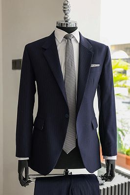 Rex Navy Notched Lapel Striped Business Suits_3