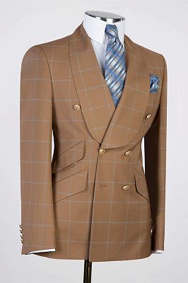 Ryan Brown Plaid Shawl Lapel Double Breasted Business Suits_2