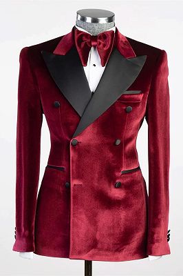 Scott Burgundy Peaked Lapel Double Breasted Velvet Prom Suits