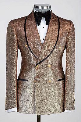 Solomon Khaki Shawl Lapel Jacquard Double Breasted Wedding Suits