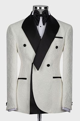 Porter White Shawl Lapel Jacquard Double Breasted Wedding Suits