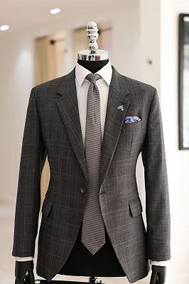 Rhodes Dark Gray Notched Lapel Plaid Business Suits