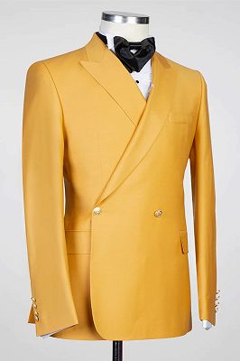 Saxon Yellow Peaked Lapel Double Breasted Prom Suits_2