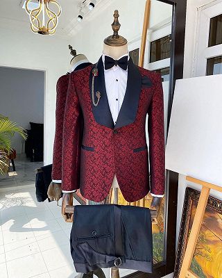 Riley Red Jacquard Wedding Suits With Navy Shawl Lapel and Pants