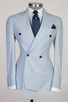 Sidon Sky Blue Peaked Lapel Double Breasted Prom Suits