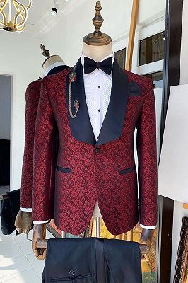 Riley Red Jacquard Wedding Suits With Navy Shawl Lapel and Pants