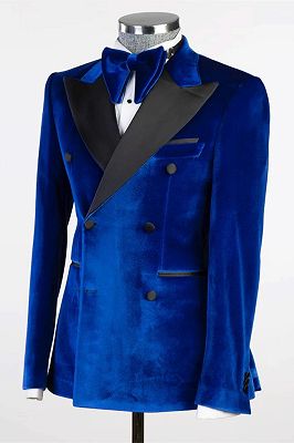 Rory Blue Peaked Lapel Double Breasted Velvet Prom Suits_2