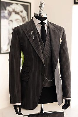 Rodney Coffee Peaked Lapel Three Pieces Striped Business Suits_3