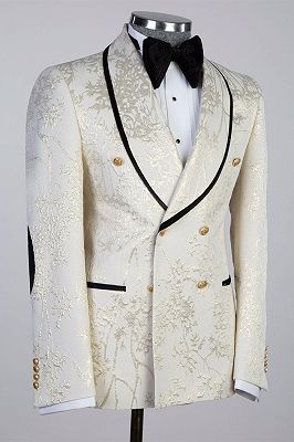 Spencer Off White Shawl Lapel Double Breasted Jacquard Prom Suits