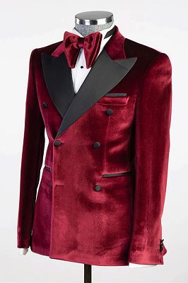 Scott Burgundy Peaked Lapel Double Breasted Velvet Prom Suits