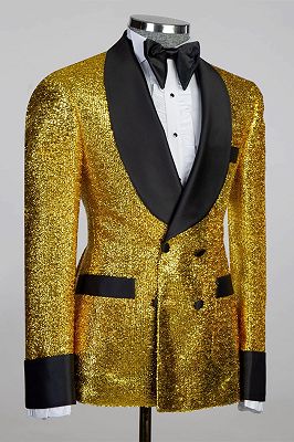 Keegan Gold Jacquard Slim Fit Prom Men Suits with Black Shawl Lapel_2