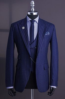 Robin Dark Blue Peaked Lapel Three Pieces Striped Business Suits_3