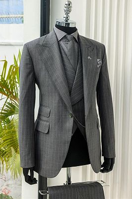 Rock Gray Peaked Lapel Three Pieces Striped Business Suits