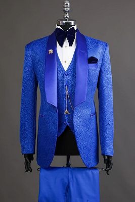 Silvester Royal Blue Shawl Lapel Three Pieces Jacquard Prom Suits