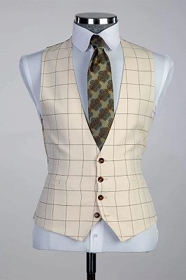 Primo Apricot Peaked Lapel Three Pieces Plaid Prom Suits_4