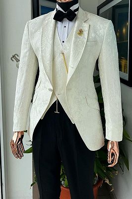 Trendy White Jacquard Wedding Suit for Groom with Waistcoat