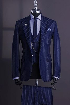 Robin Dark Blue Peaked Lapel Three Pieces Striped Business Suits