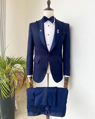 Ronald Navy Peaked Lapel Jacquard Prom Suits