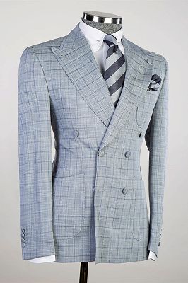 Quennel Light Steel Blue Peaked Lapel Double Breasted Plaid Prom Suits