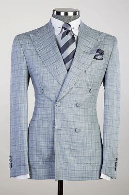 Quennel Light Steel Blue Peaked Lapel Double Breasted Plaid Prom Suits