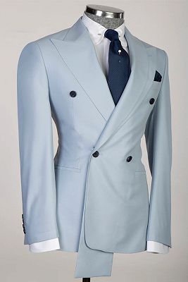 Sidon Sky Blue Peaked Lapel Double Breasted Prom Suits