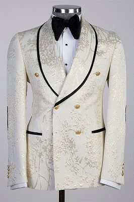 Spencer Off White Shawl Lapel Double Breasted Jacquard Prom Suits