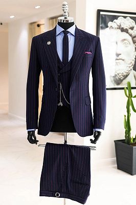 Ralap Navy Peaked Lapel Three Pieces Striped Business Suits