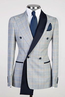 Stewart Light Blue Peaked Lapel Double Breasted Plaid Prom Suits