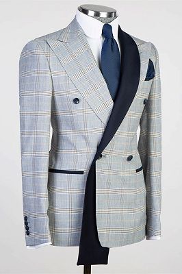 Stewart Light Blue Peaked Lapel Double Breasted Plaid Prom Suits