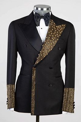 Steward Black Peaked Lapel Double Breasted Prom Suits With Gold Beading_1