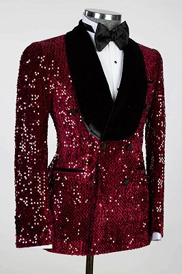 Stanley Burgundy Shawl Lapel Double Breasted Sequins Prom Suits_3